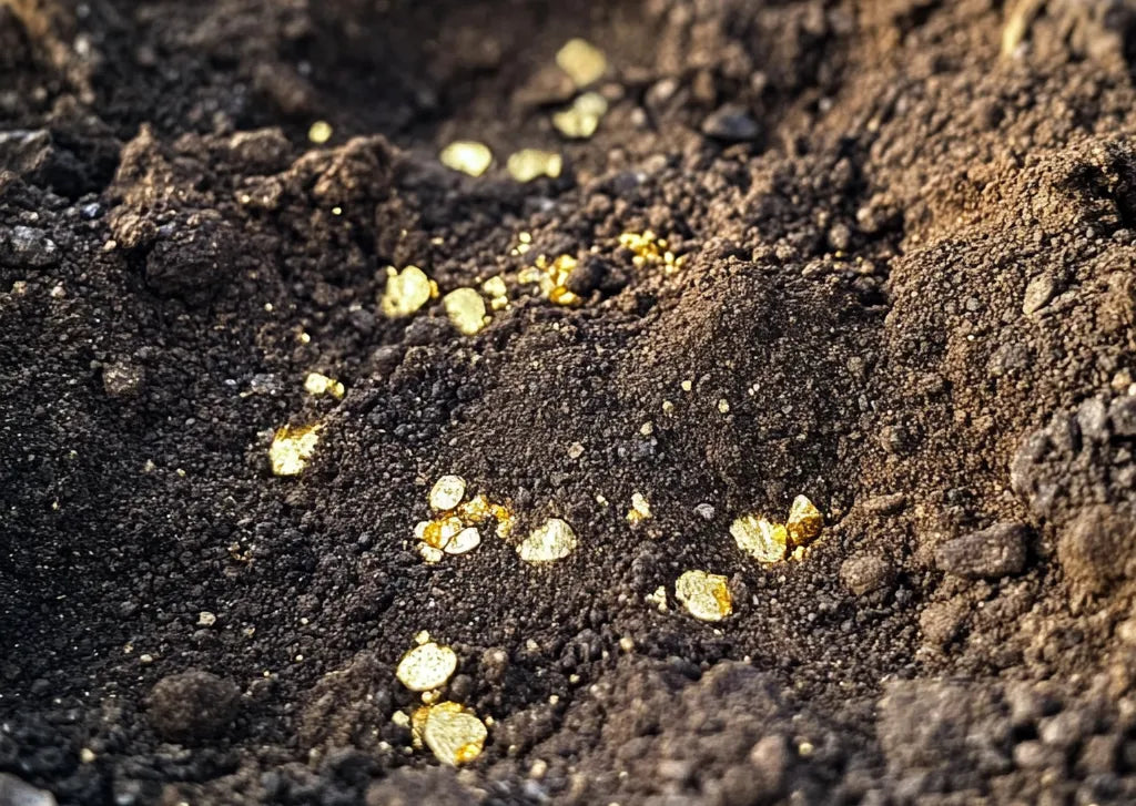 flecks of gold in dirt