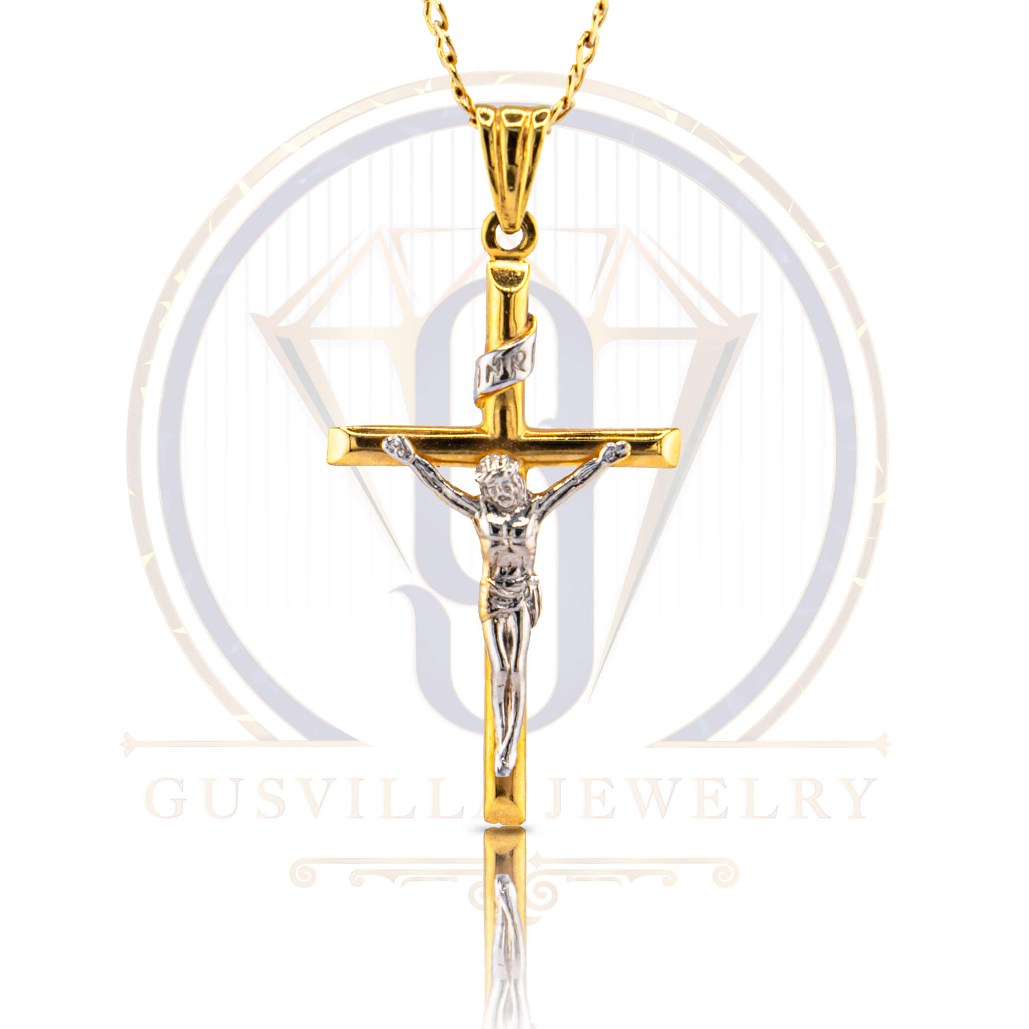 Jesus On A Gold Cross With "INRI"  Pendant 14k