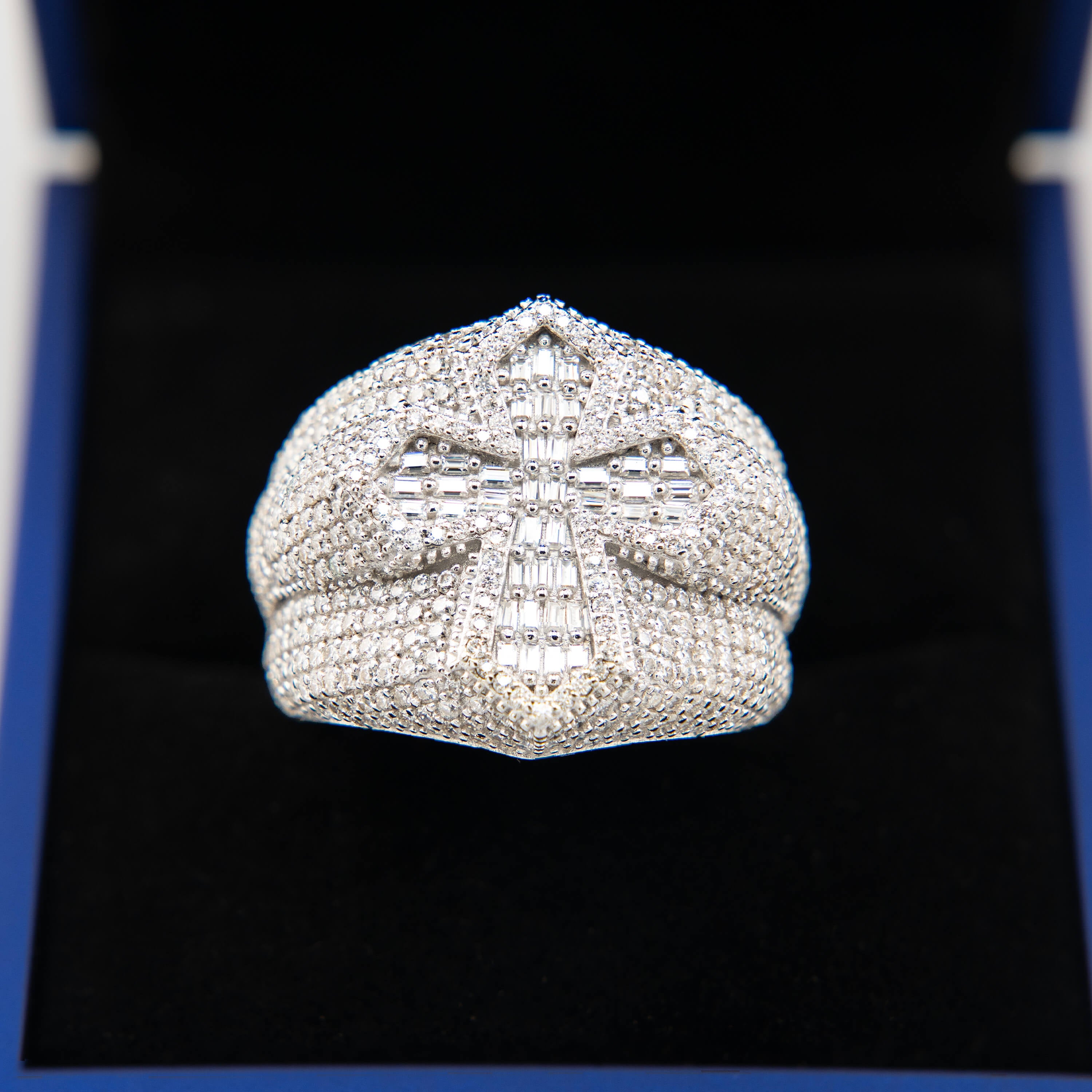 Incrusted Cross Silver Moissanite Ring