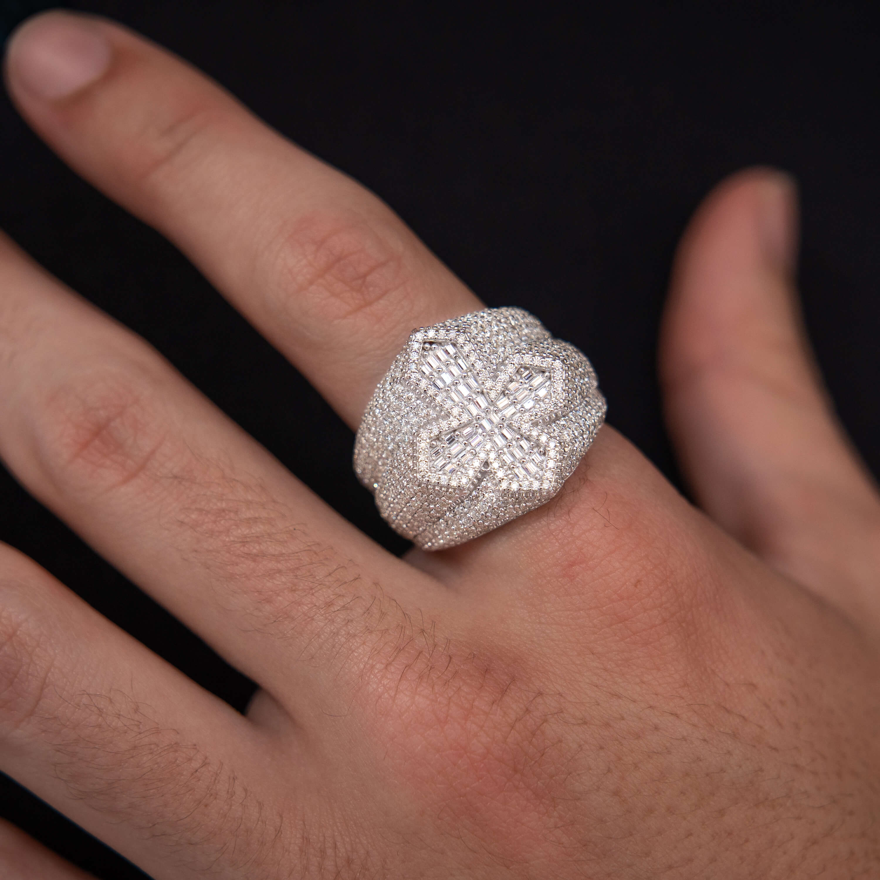 Incrusted Cross Silver Moissanite Ring