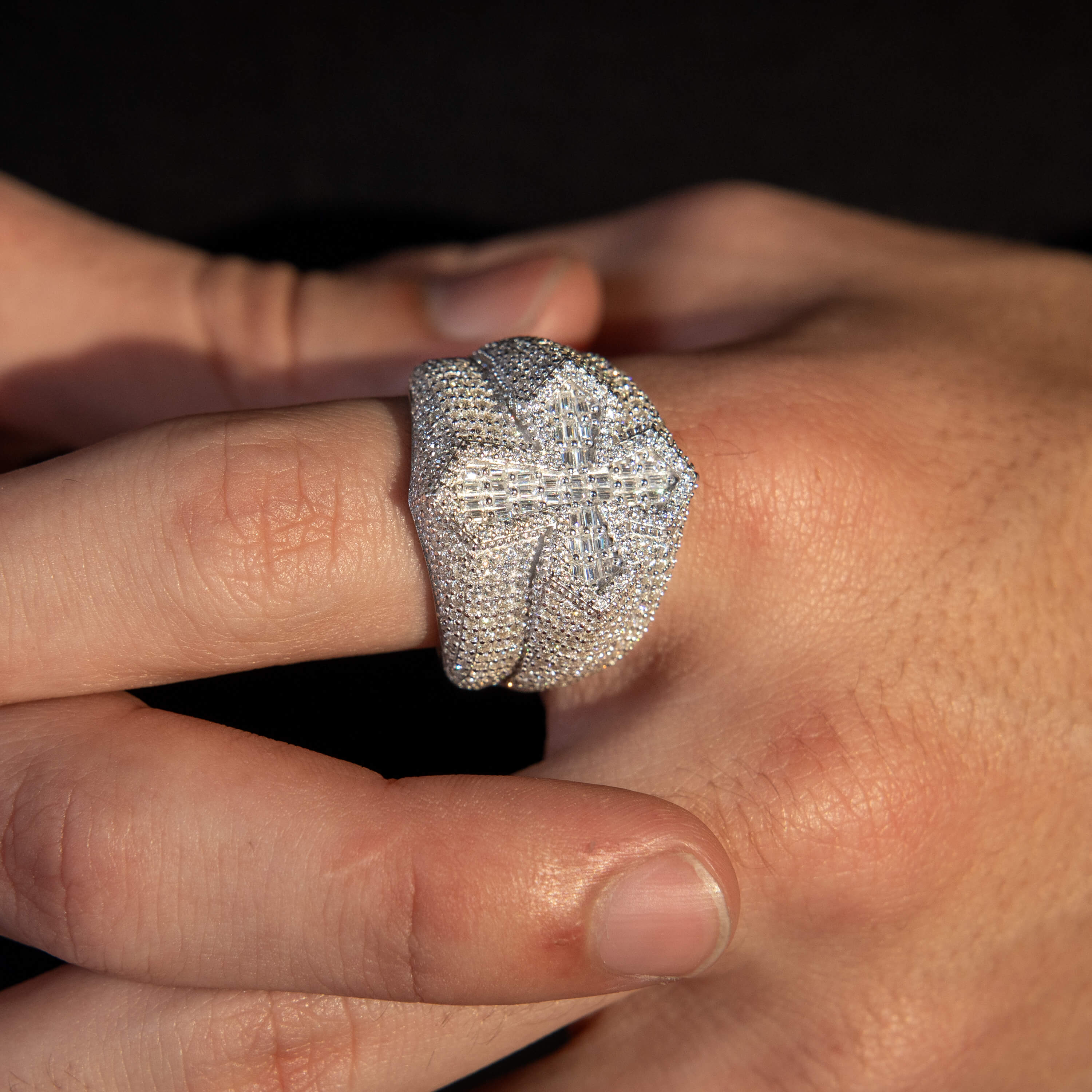 Incrusted Cross Silver Moissanite Ring