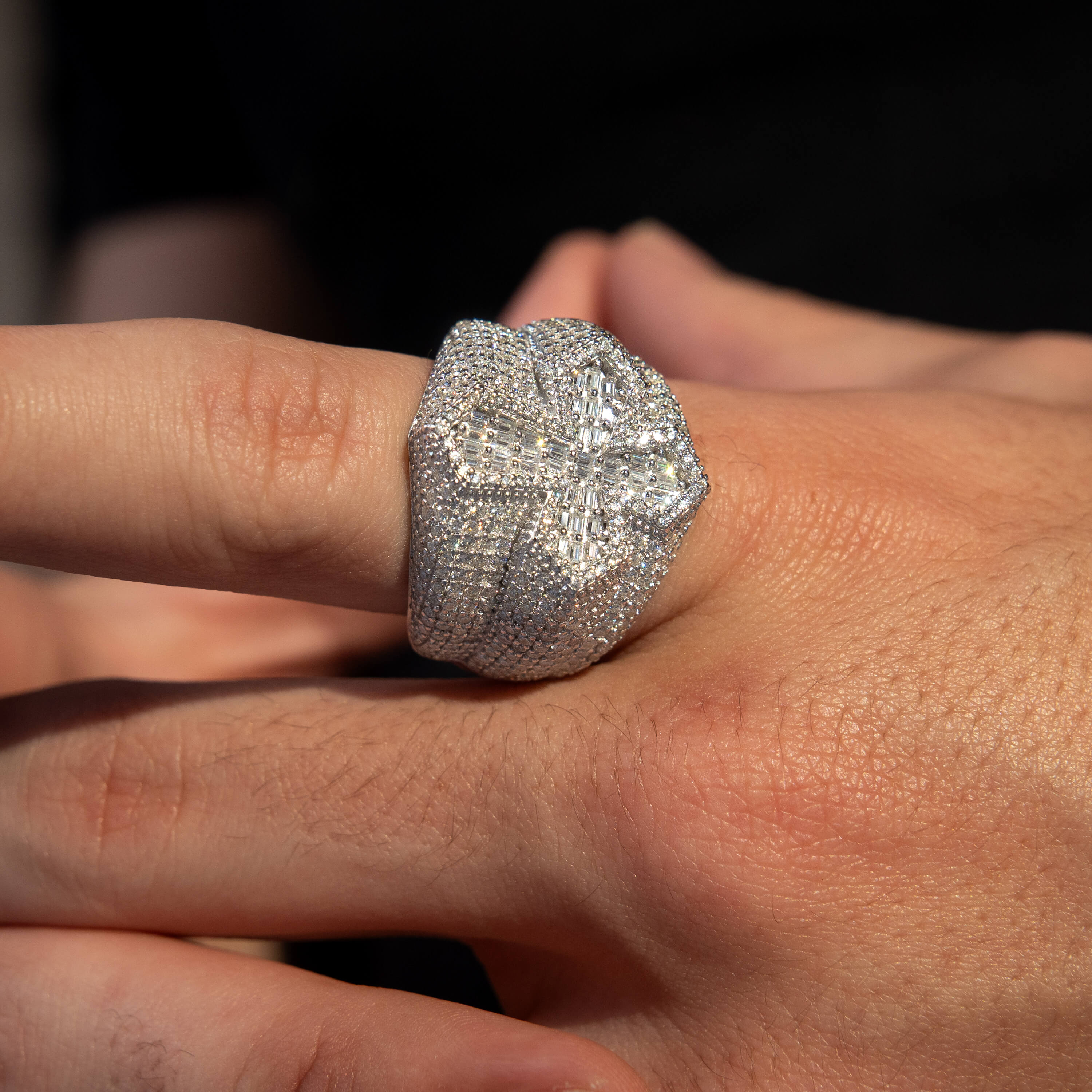 Incrusted Cross Silver Moissanite Ring