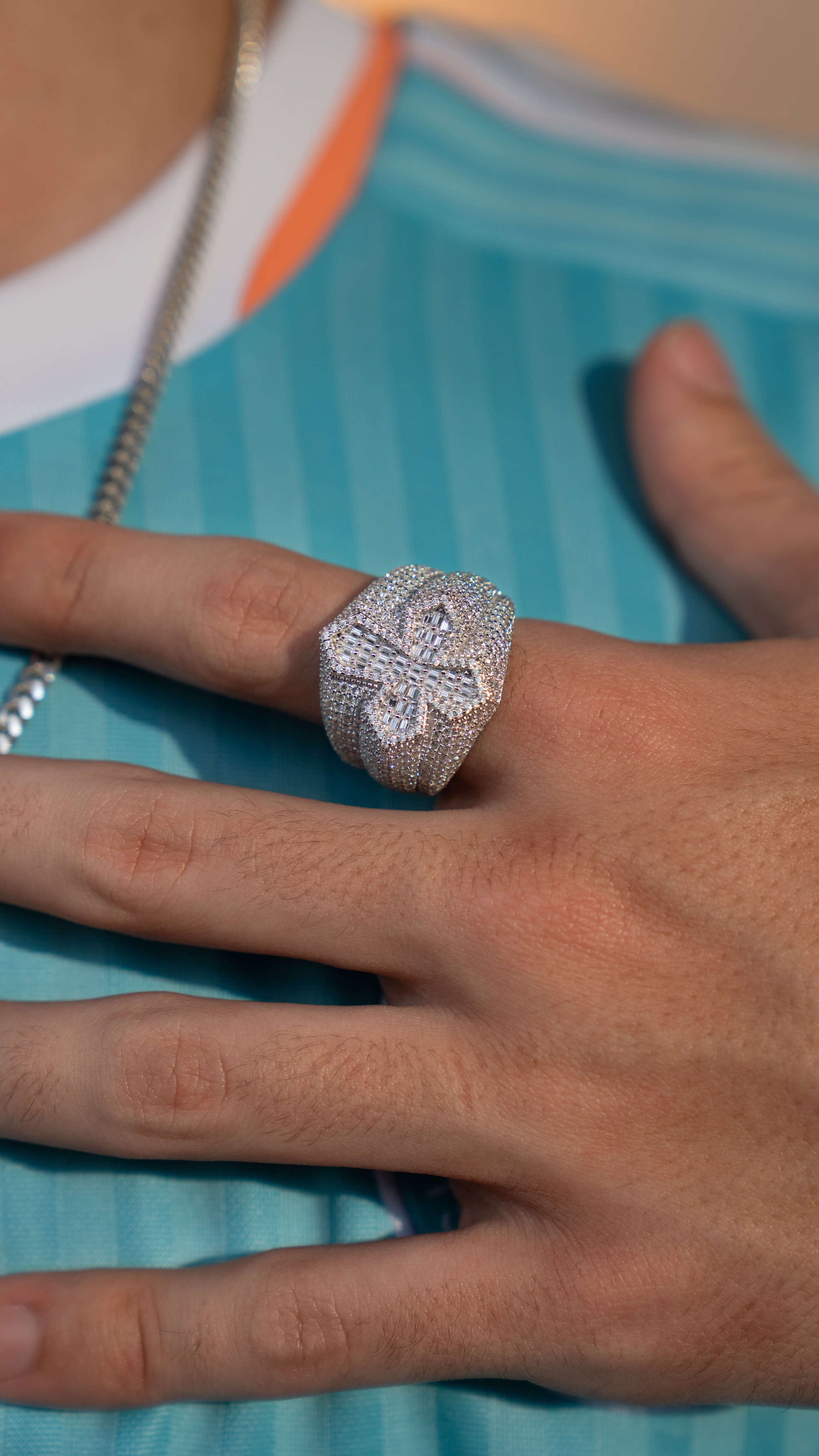 Incrusted Cross Silver Moissanite Ring