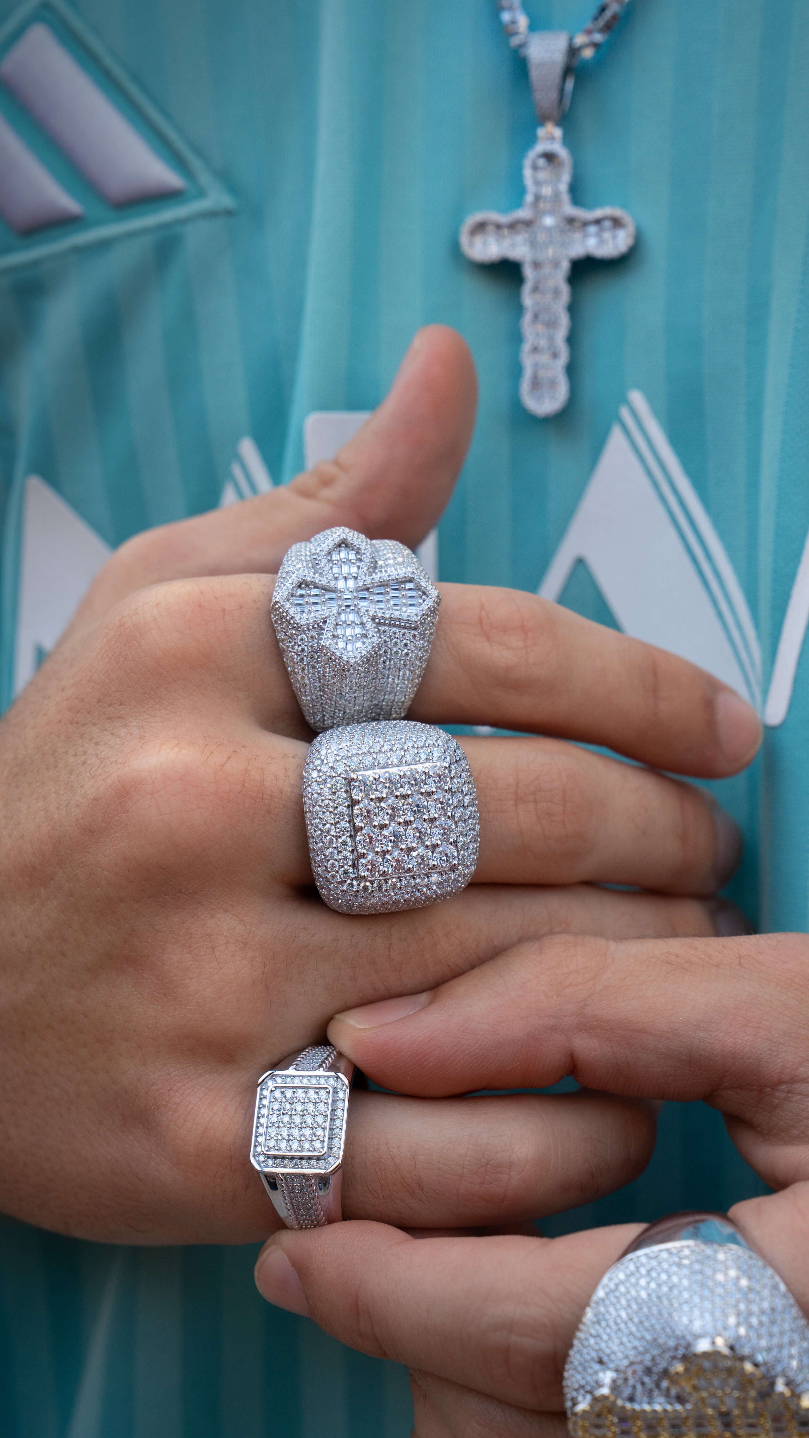 Incrusted Cross Silver Moissanite Ring