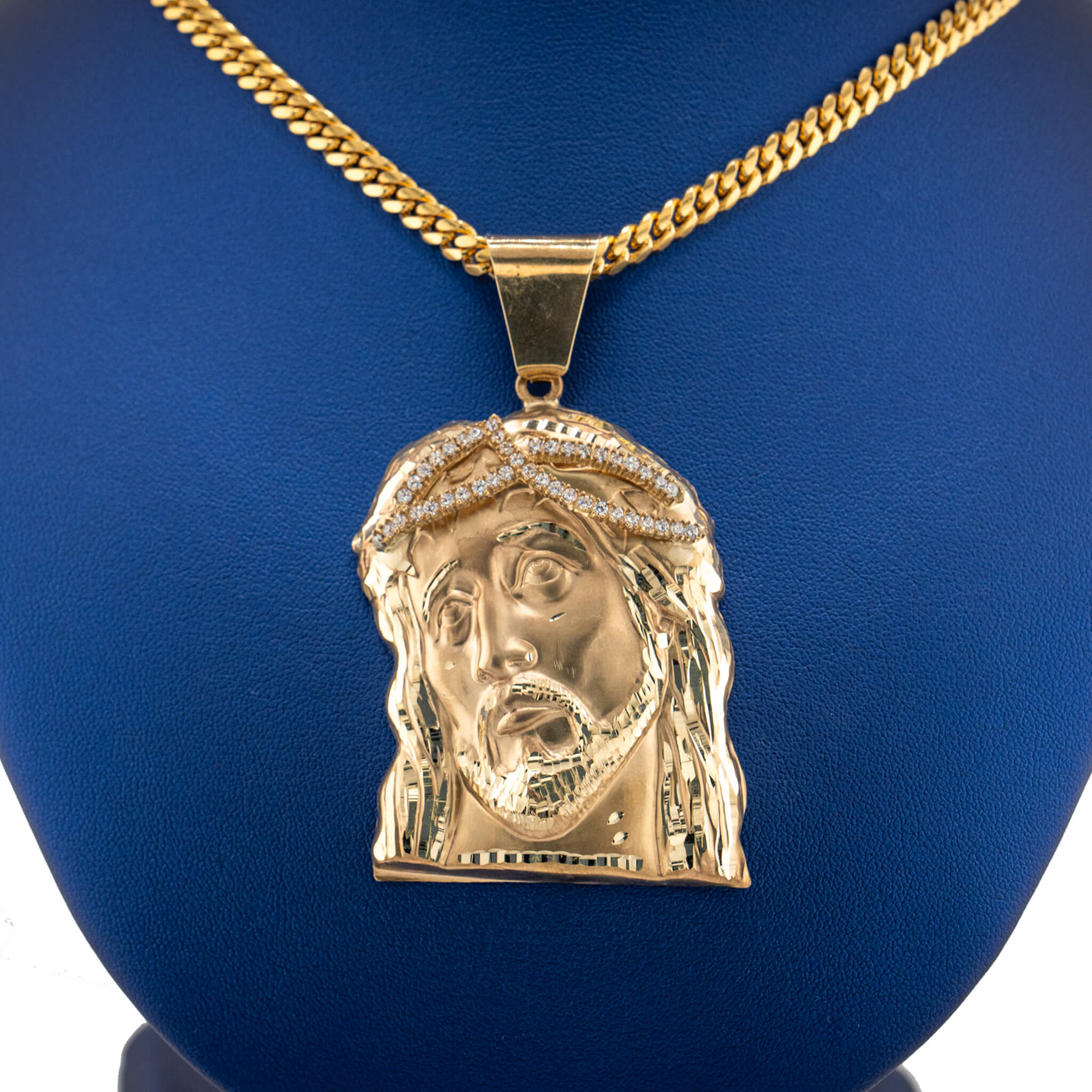 Jesus With Crown Diamond Cut Pendant 10K (Large)