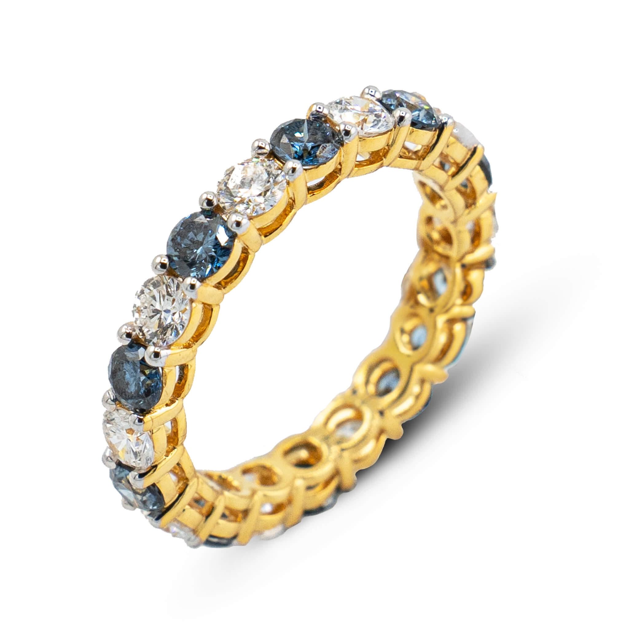 White & Blue Diamond Eternity Ring Yellow Gold 14k