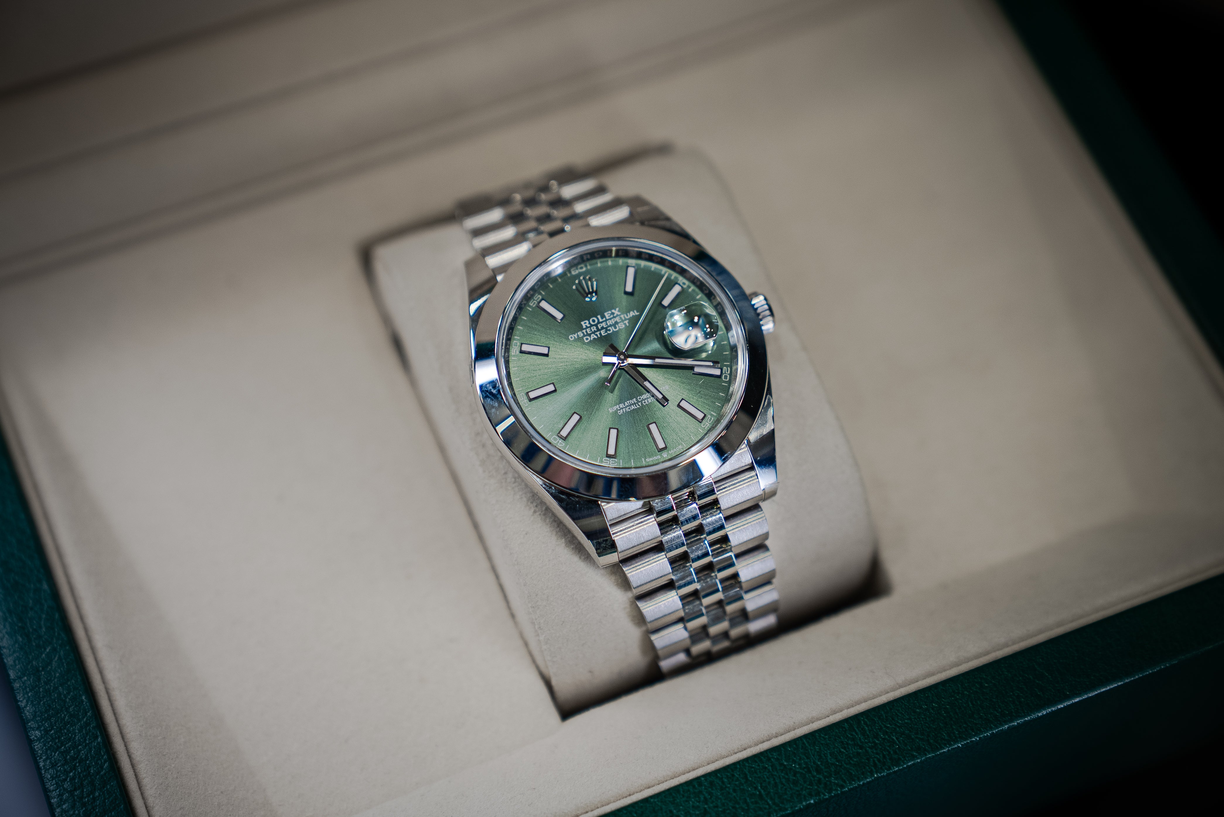 Rolex Datejust Smooth Bezel 41MM Green Stick Dial