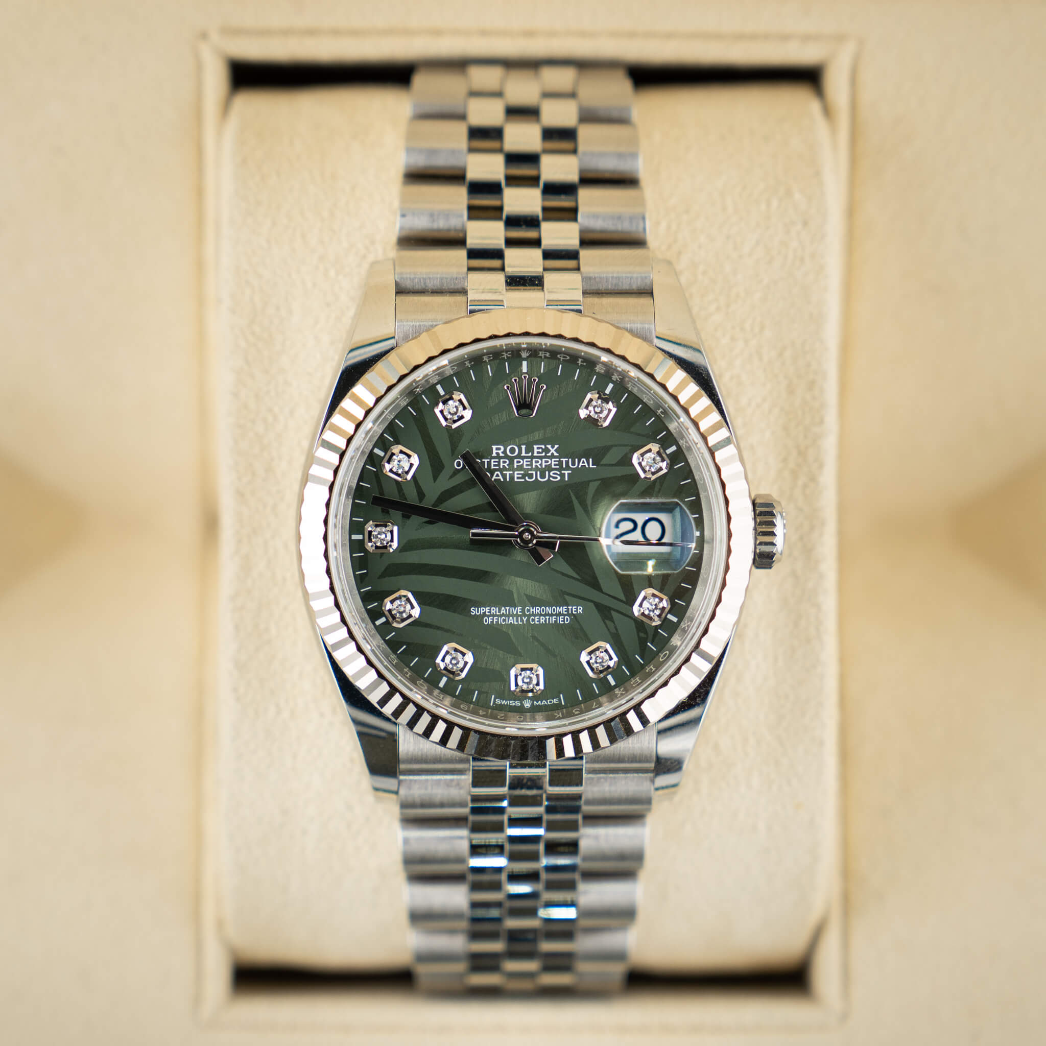 2020 Rolex DateJust 36 Green Palm Diamond Dial Jubilee