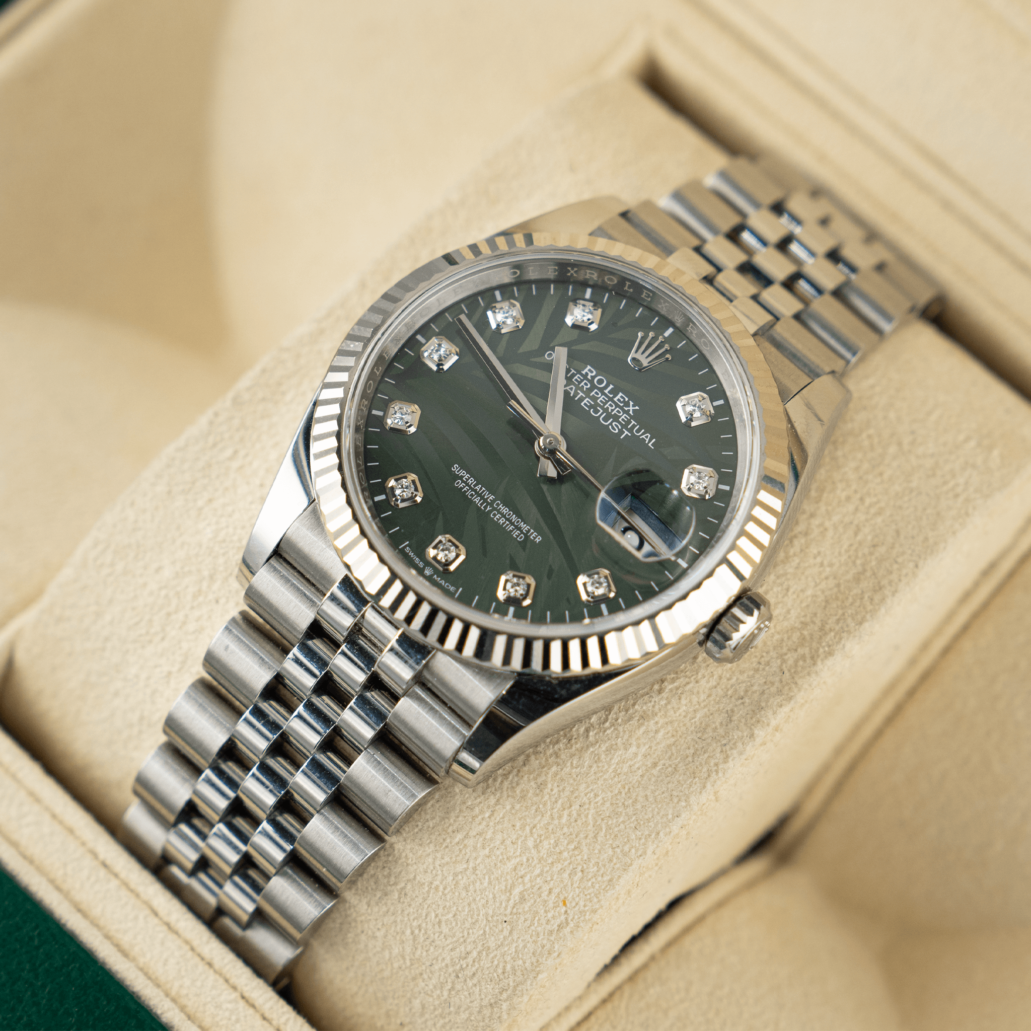 2020 Rolex DateJust 36 Green Palm Diamond Dial Jubilee